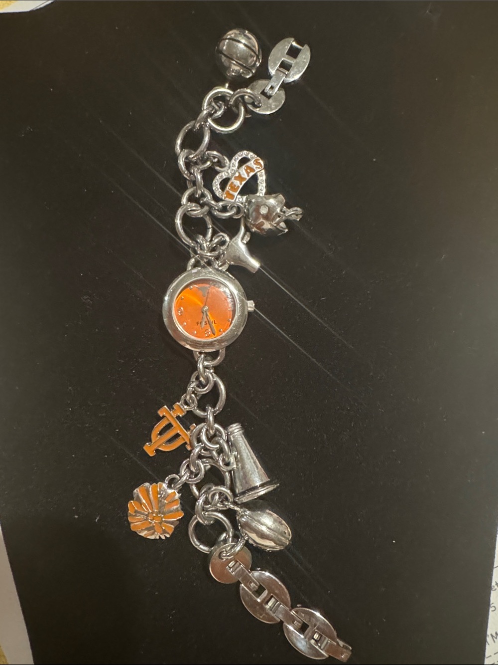 Rare Fossil Orange Dial Charm Bracelet Watch Stainless Steel Y2K Women’s Quartz